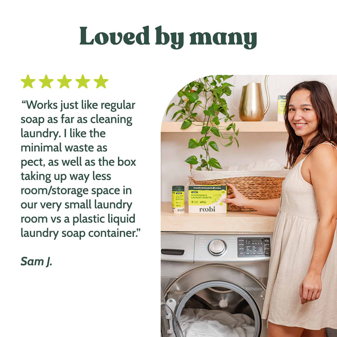 A Roobi owner in her laundry room with the Linen Breeze sheets box on the counter